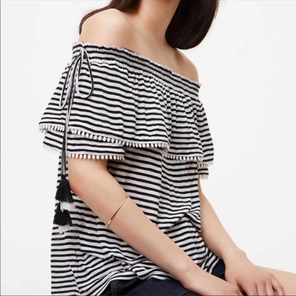 LOFT Striped Pom Pom Off the Shoulder Top NWT